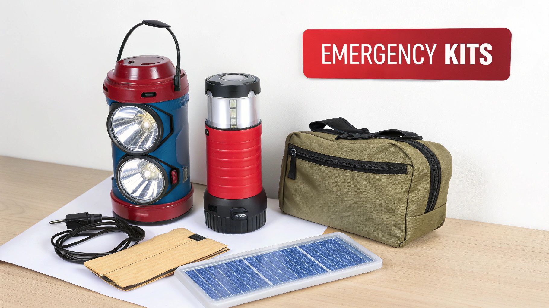 A collection of emergency kit items, including two lanterns, an army green bag, charging cable, foldable charger, and a solar panel.