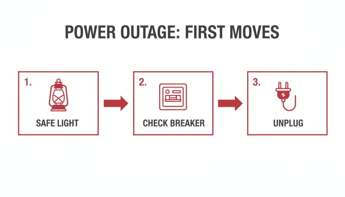 An infographic detailing three first steps for a power outage: get safe light, check the breaker, and unplug electronics.