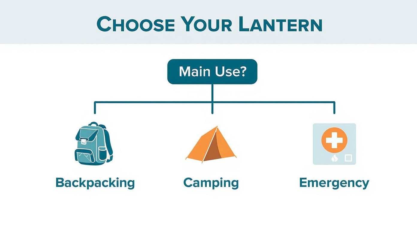A diagram titled 'Choose Your Lantern' showing a decision tree for main use: backpacking, camping, or emergency.