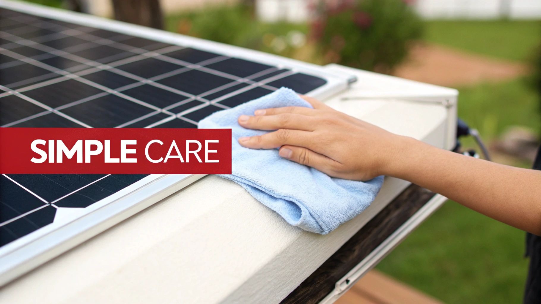 A person's hand wipes a portable solar panel with a blue cloth, emphasizing simple care.