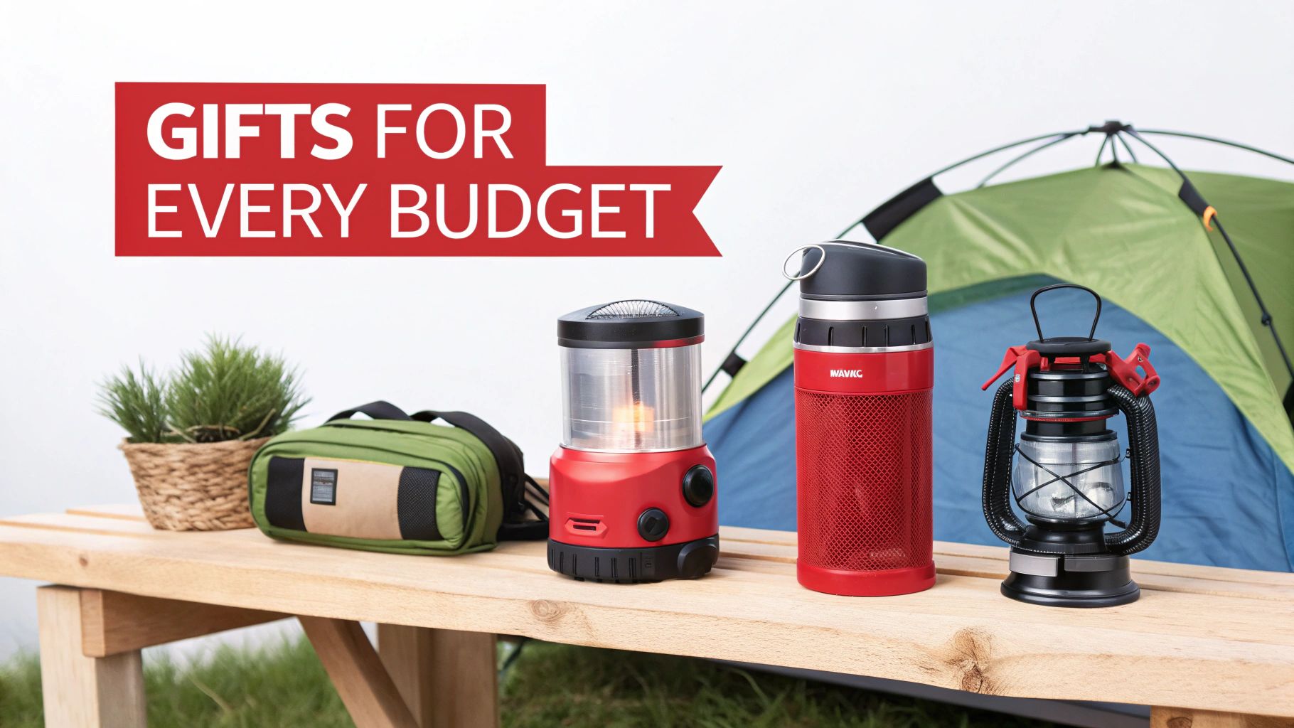 Camping gear display featuring lanterns, water bottle, storage bag and tent for outdoor enthusiasts