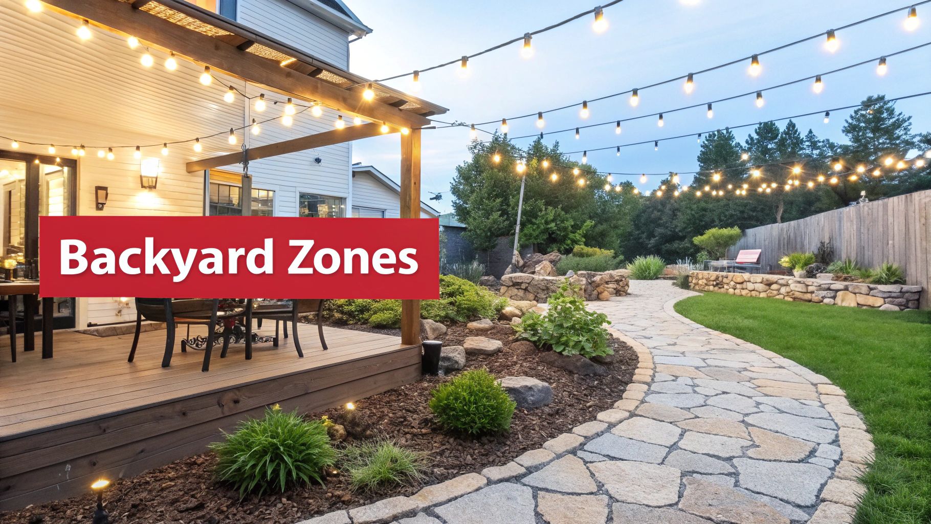Beautiful backyard at dusk with an illuminated patio, string lights, a winding stone path, and lush landscaping.