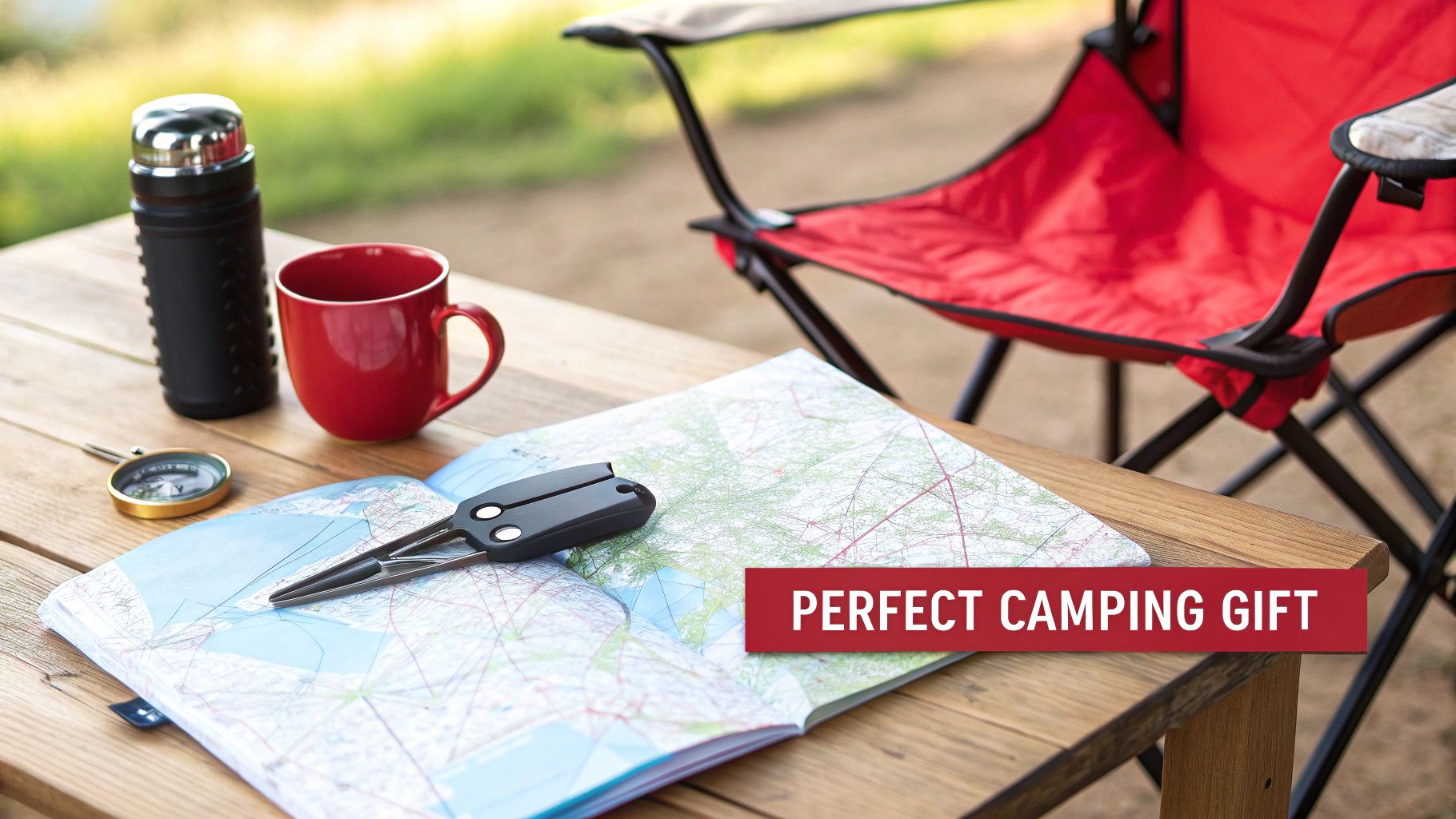 Camping gear on wooden table with map, compass, thermos, mug and red folding chair