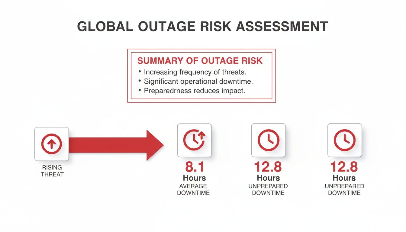 Global outage risk assessment displaying average and unprepared downtime in hours from rising threats.