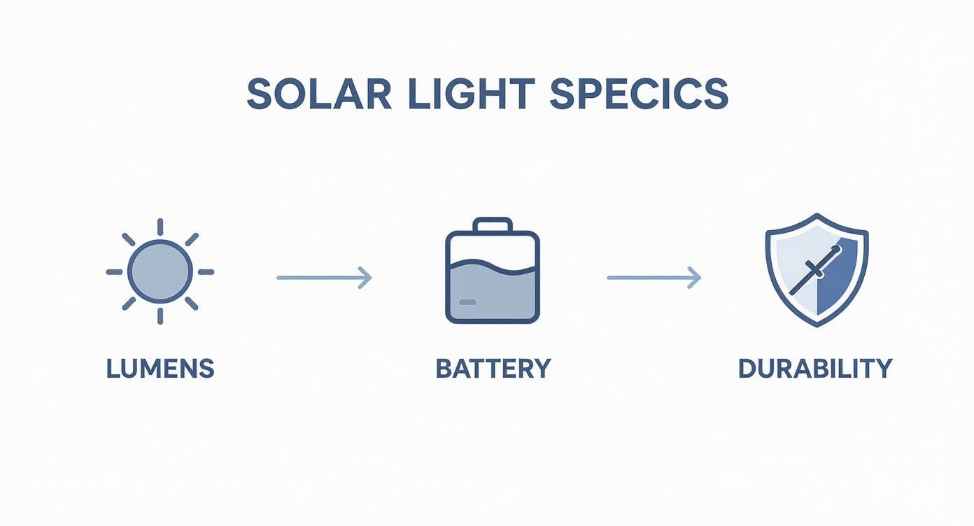 A diagram illustrating solar light specifications: lumens, battery, and durability, represented by icons.