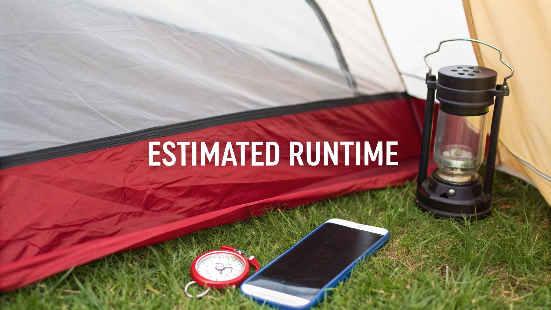 Camping scene with a tent, lantern, smartphone, and compass on grass, featuring 'ESTIMATED RUNTIME' text.