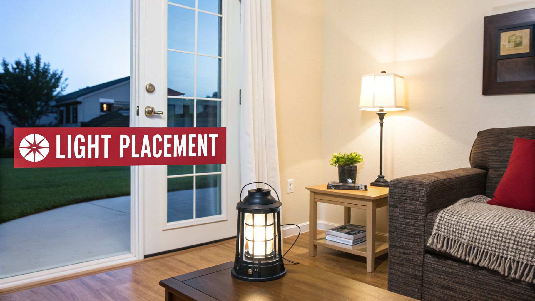 A cozy living room interior with a table lamp and an illuminated portable lantern, overlooking a backyard at dusk.