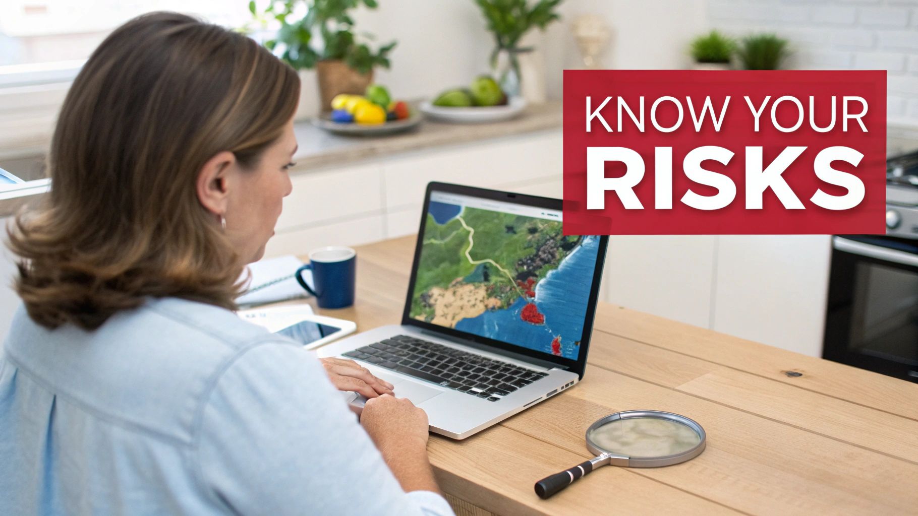 Woman at laptop viewing disaster risk map with magnifying glass and know your risks message