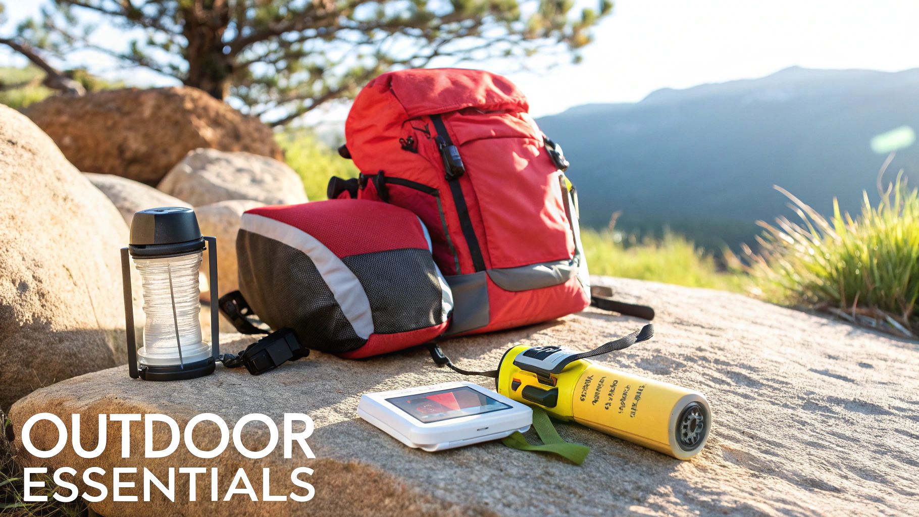 Outdoor essentials including a red backpack, lantern, and other gear laid on a rock for hiking.