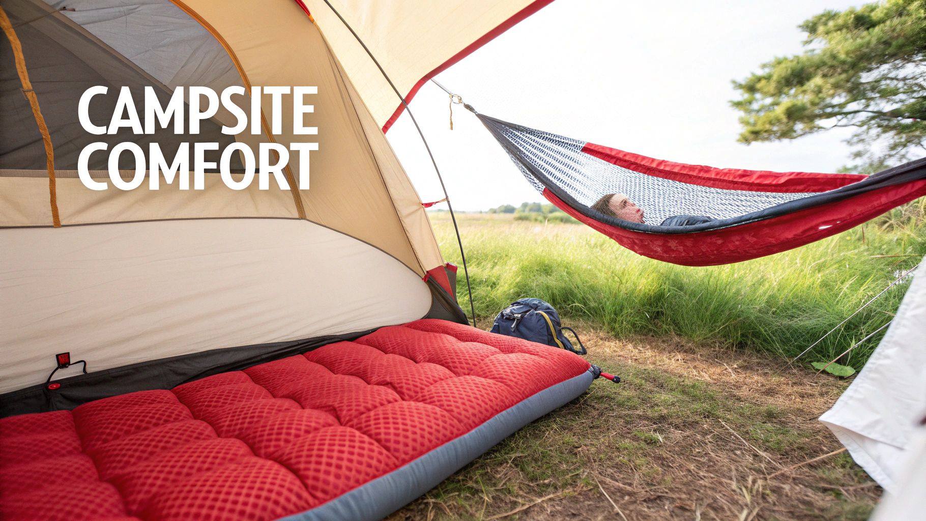 A person relaxing in a red and black hammock next to a tent with a comfortable red sleeping pad.