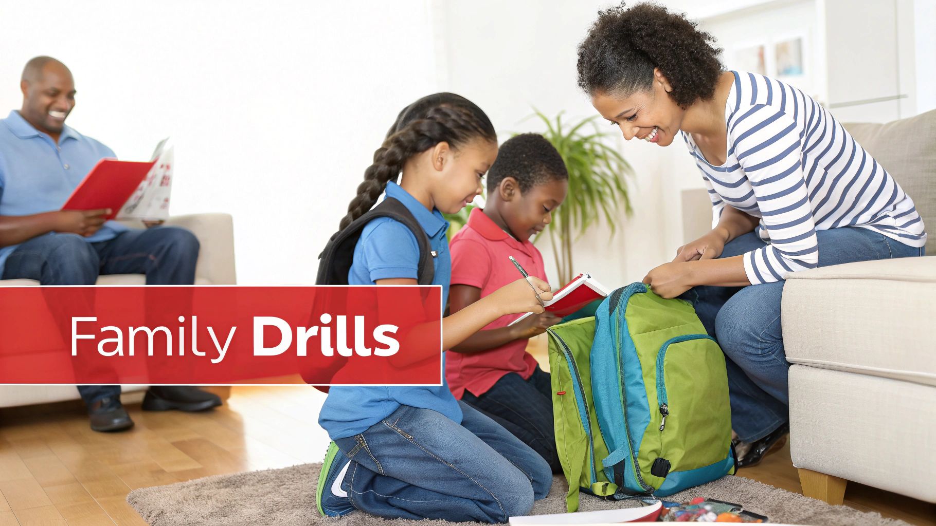 A smiling family engaging in 'Family Drills,' with a mother helping children pack a backpack.