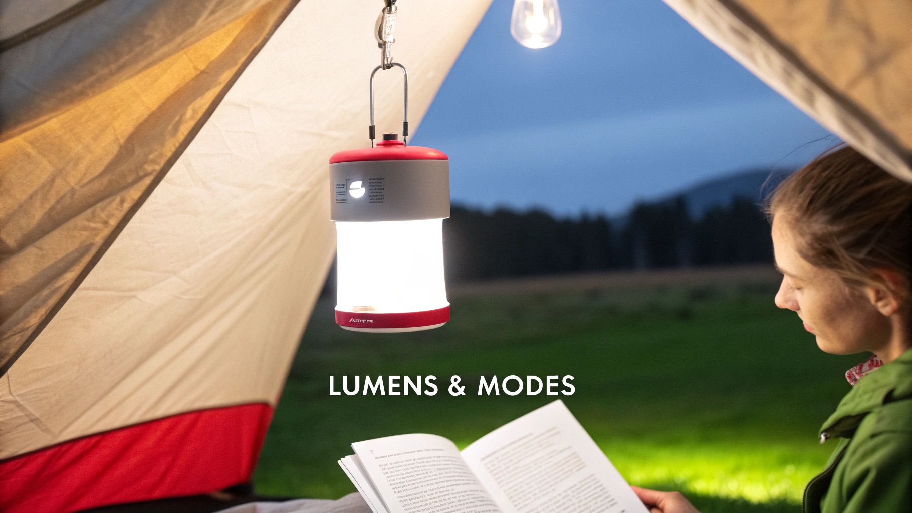 A woman reads a book inside a tent, illuminated by a bright LED camping lantern at dusk.