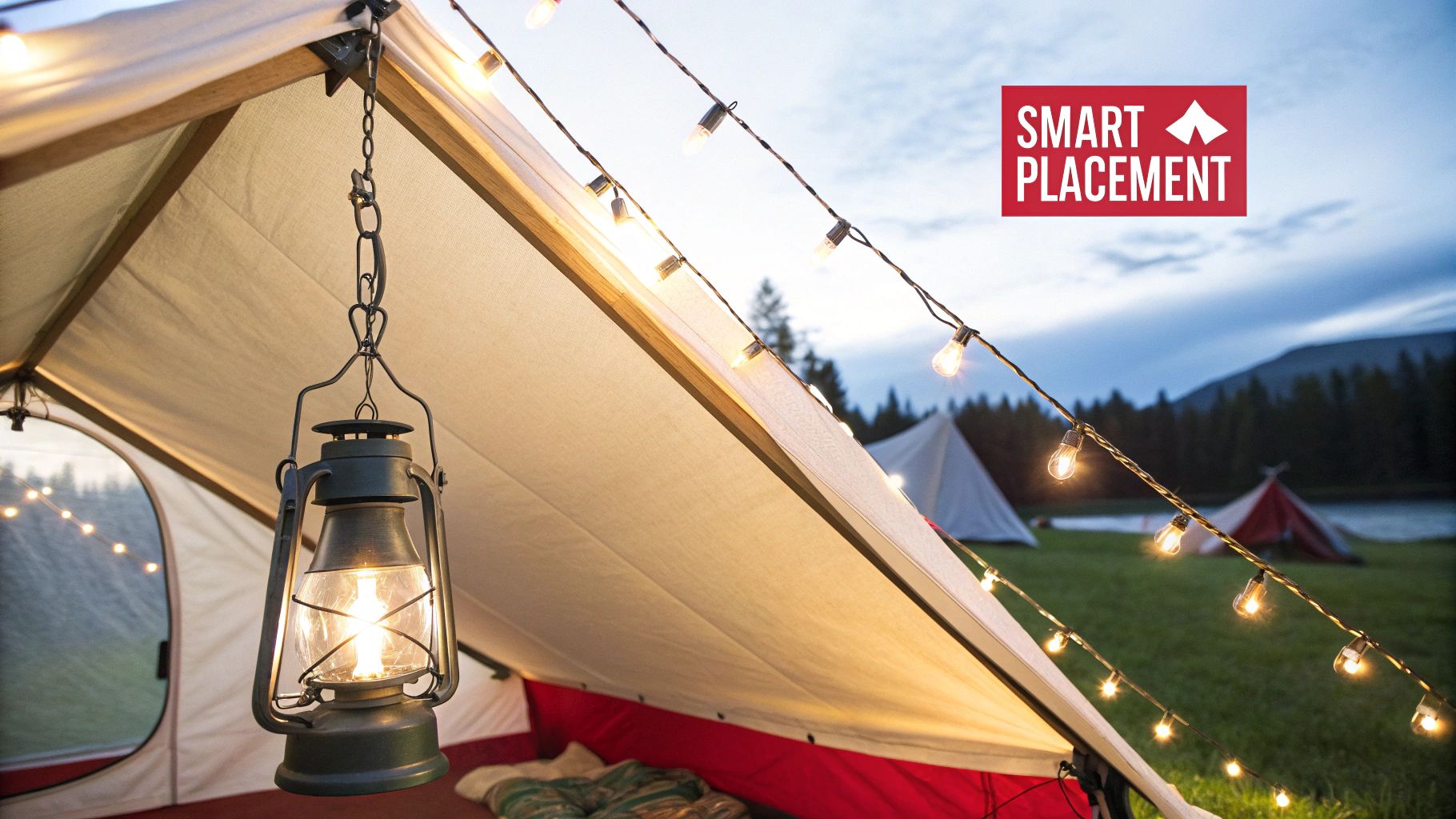 A cozy camping tent at dusk with a hanging lantern and string lights illuminating the scene.