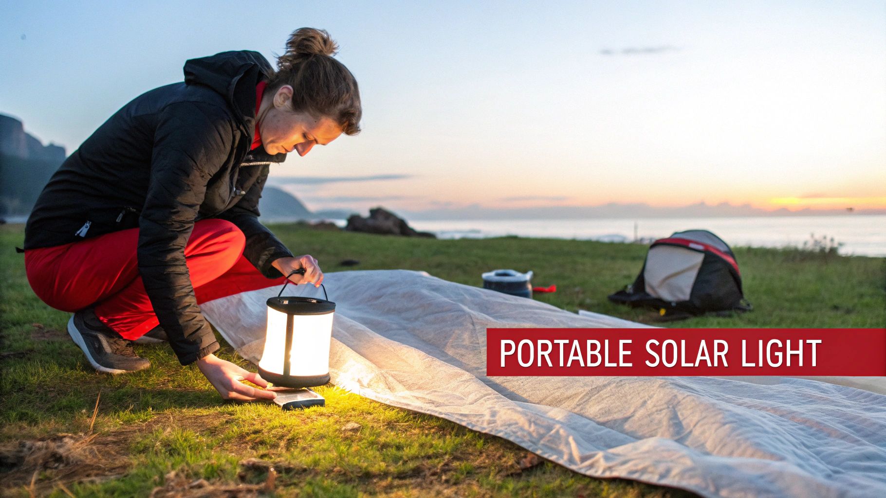 A woman sets up a glowing portable solar lantern at a campsite by the ocean during sunset.