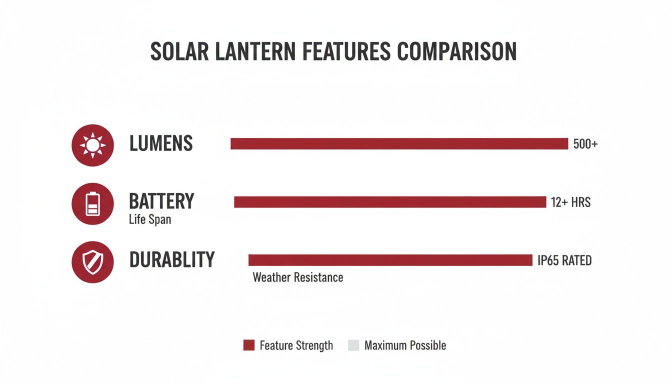 A comparison chart detailing solar lantern features: 500+ lumens, 12+ hours battery life, and IP65 weather resistance.