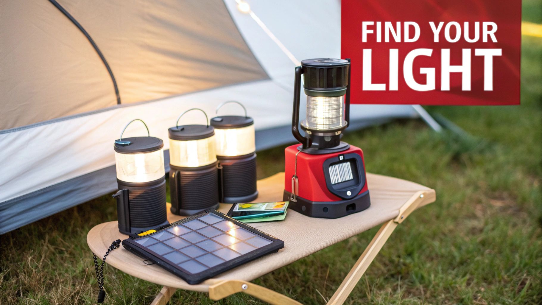 Various camping lanterns, a solar panel, and a phone on a table beside a tent, providing light for outdoor adventures.