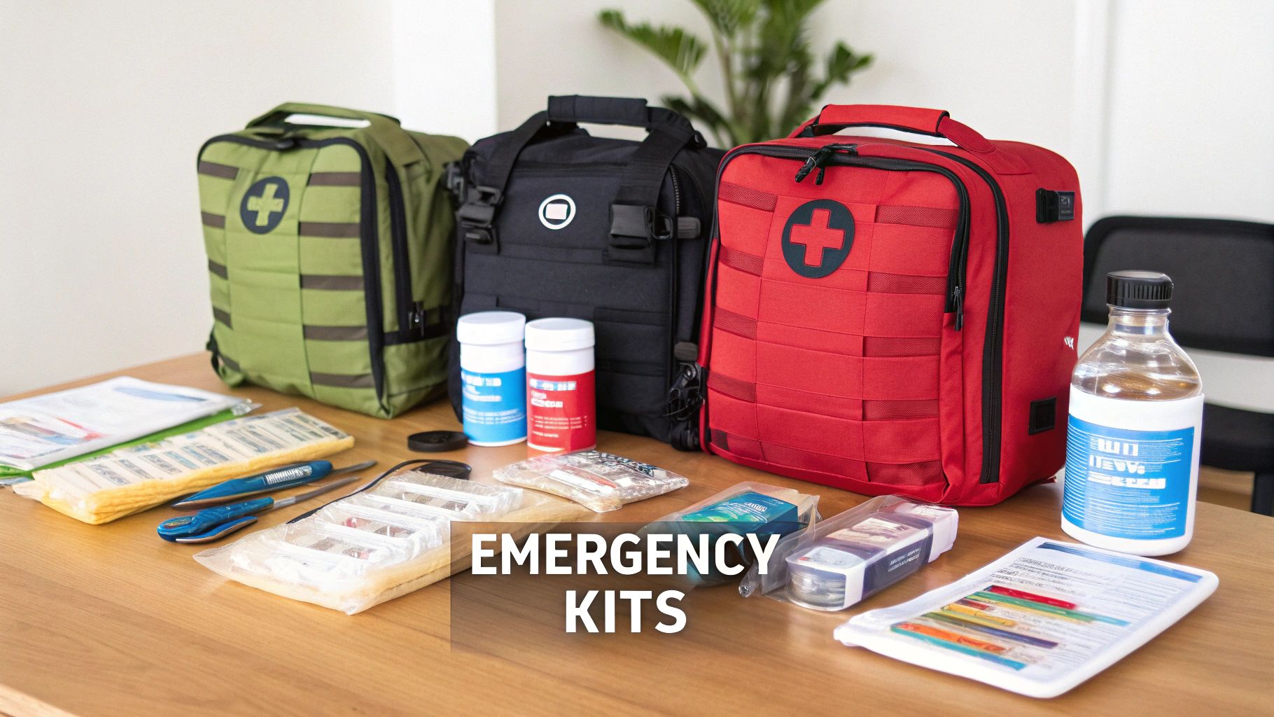 Three emergency kits in green, black, and red with various supplies on a wooden table.
