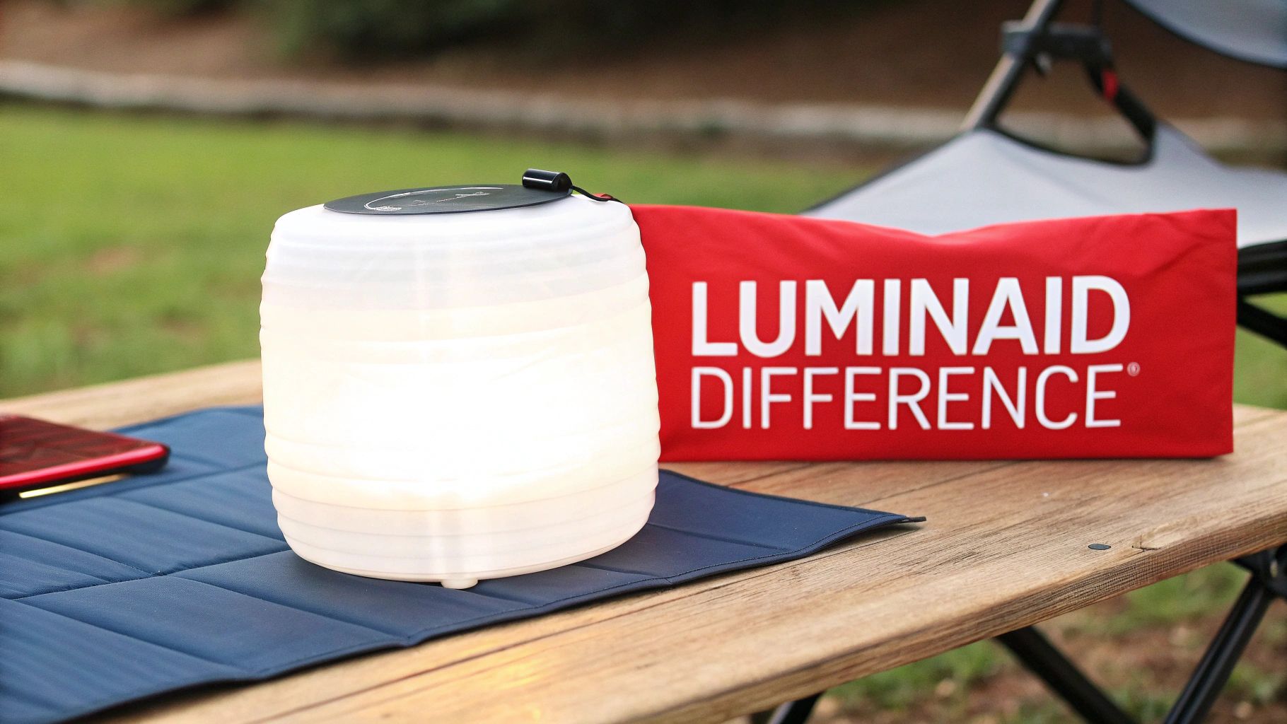 A glowing white solar-powered lantern sits on a blue mat next to a red Luminaid bag outdoors.