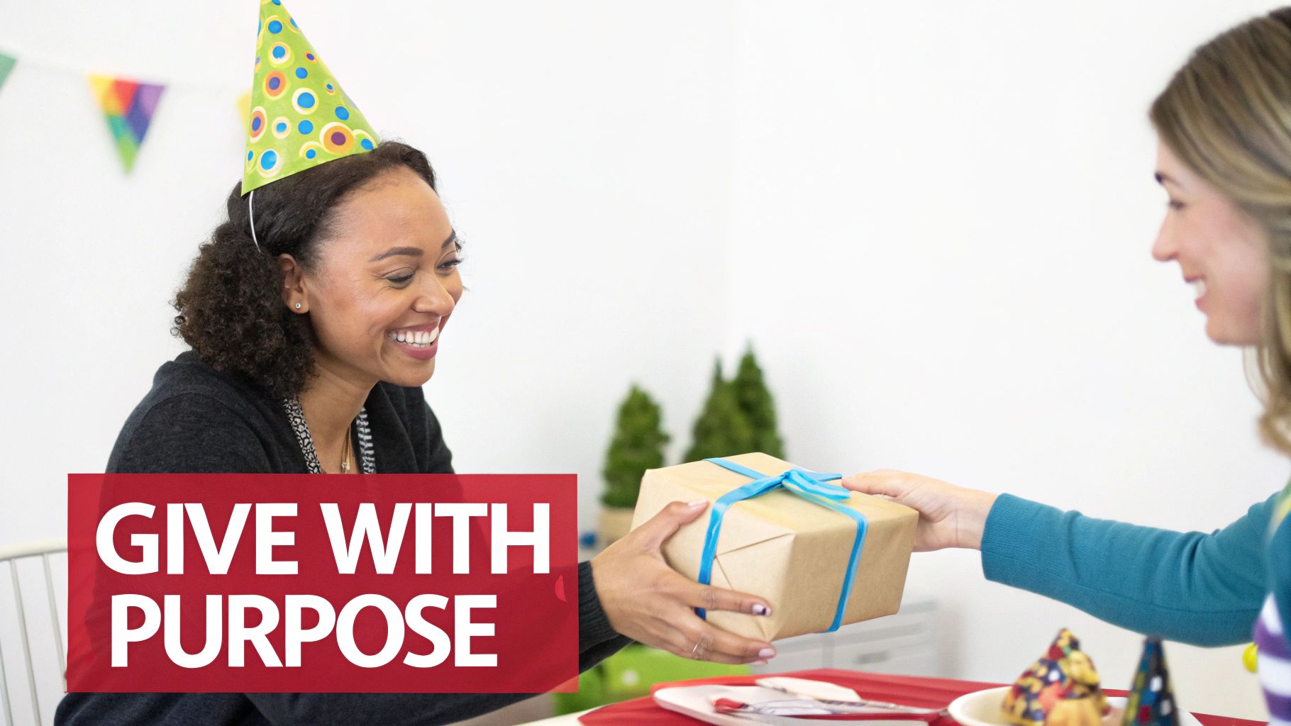 Woman receiving wrapped birthday gift from colleague at office celebration party