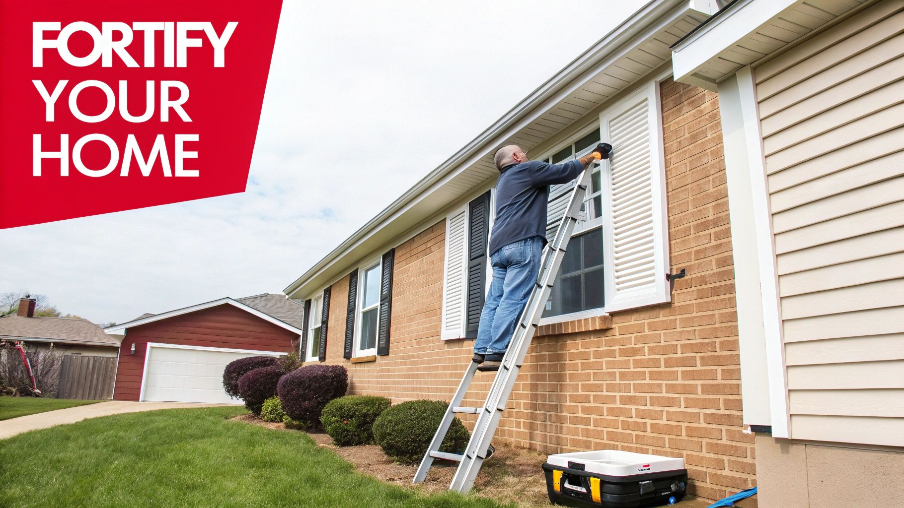 Man on ladder performing home maintenance to fortify house against natural disasters