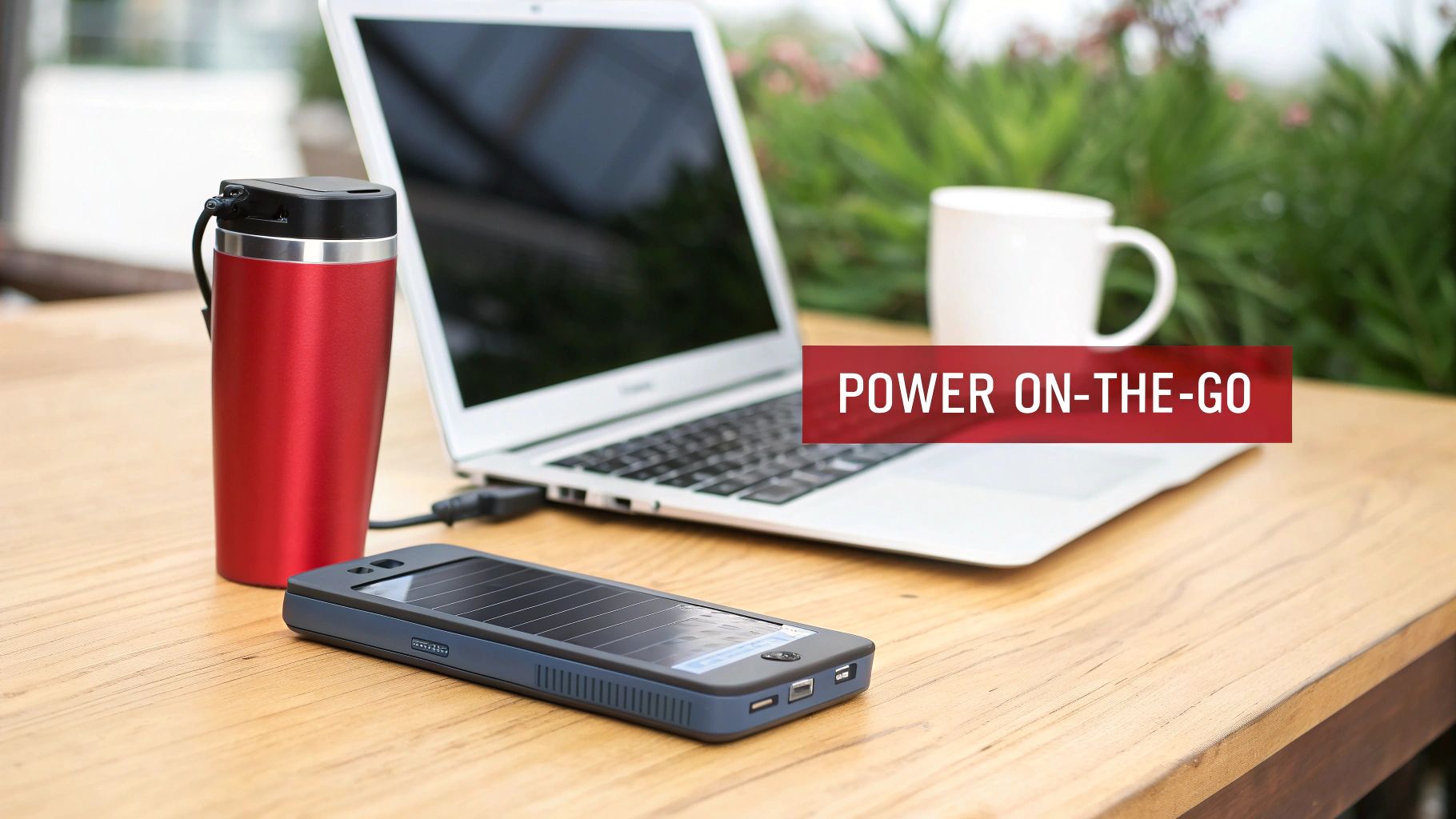 A red travel mug, laptop, solar charger, and coffee mug on a wooden table, with 'POWER ON-THE-GO' text.