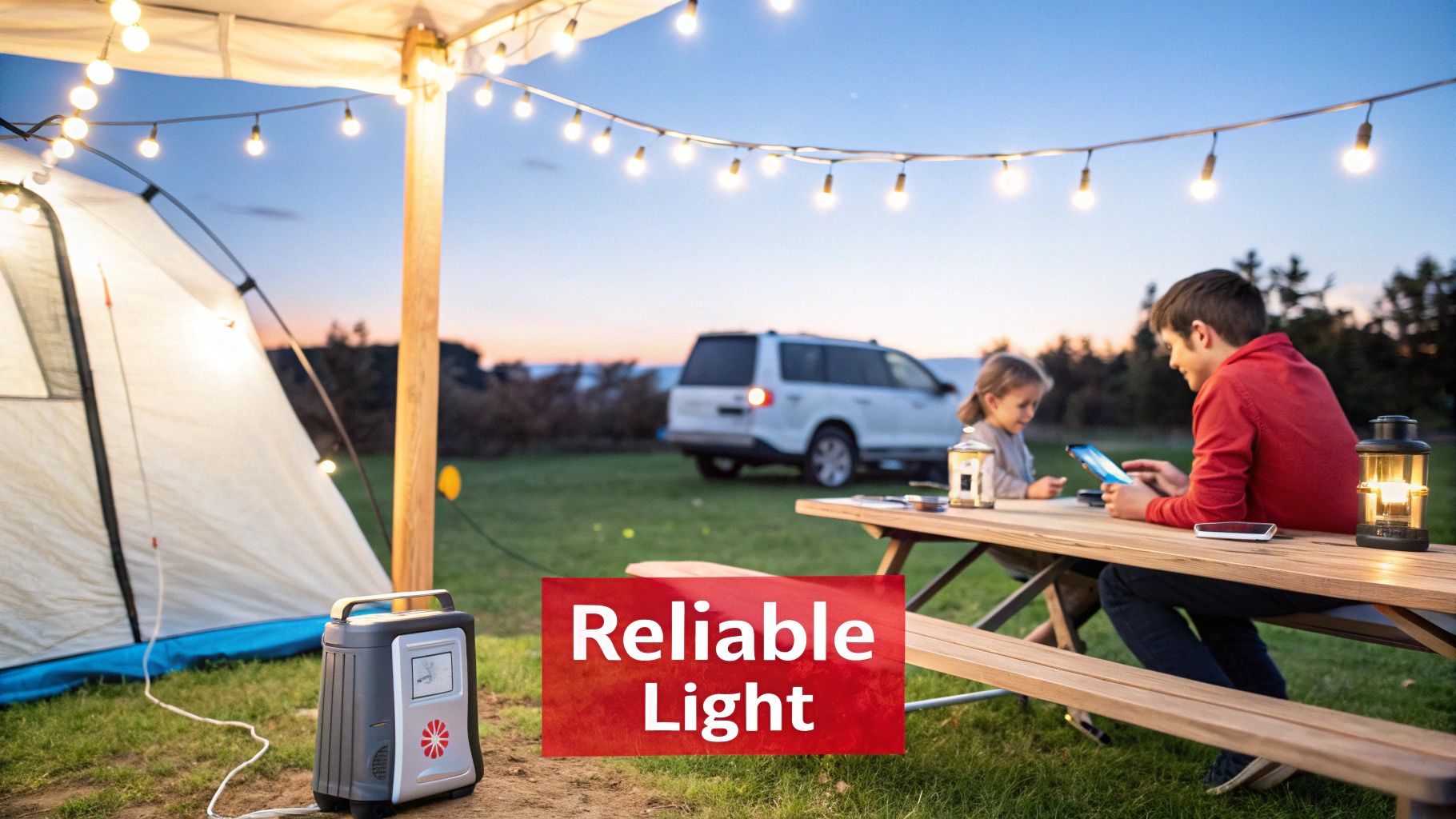 A family enjoys evening camping with string lights, a power station, and children using devices at a picnic table.