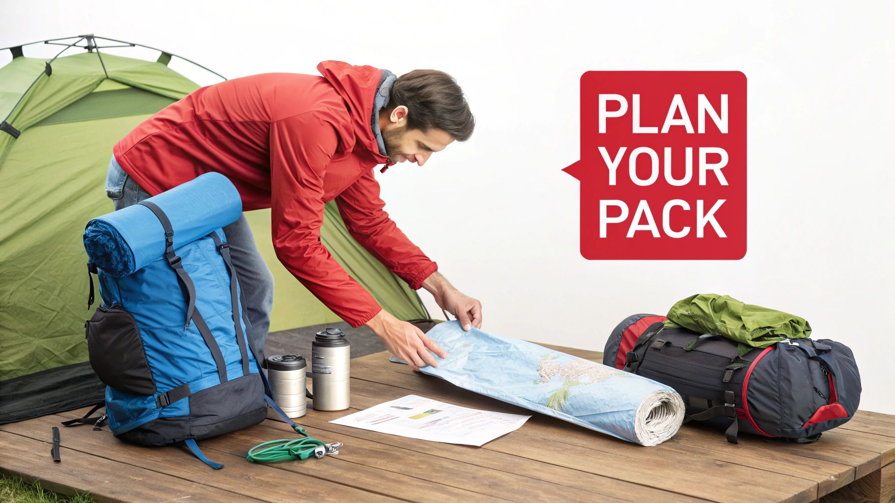 Man packing camping equipment next to a tent with 'PLAN YOUR PACK' text, organizing gear.