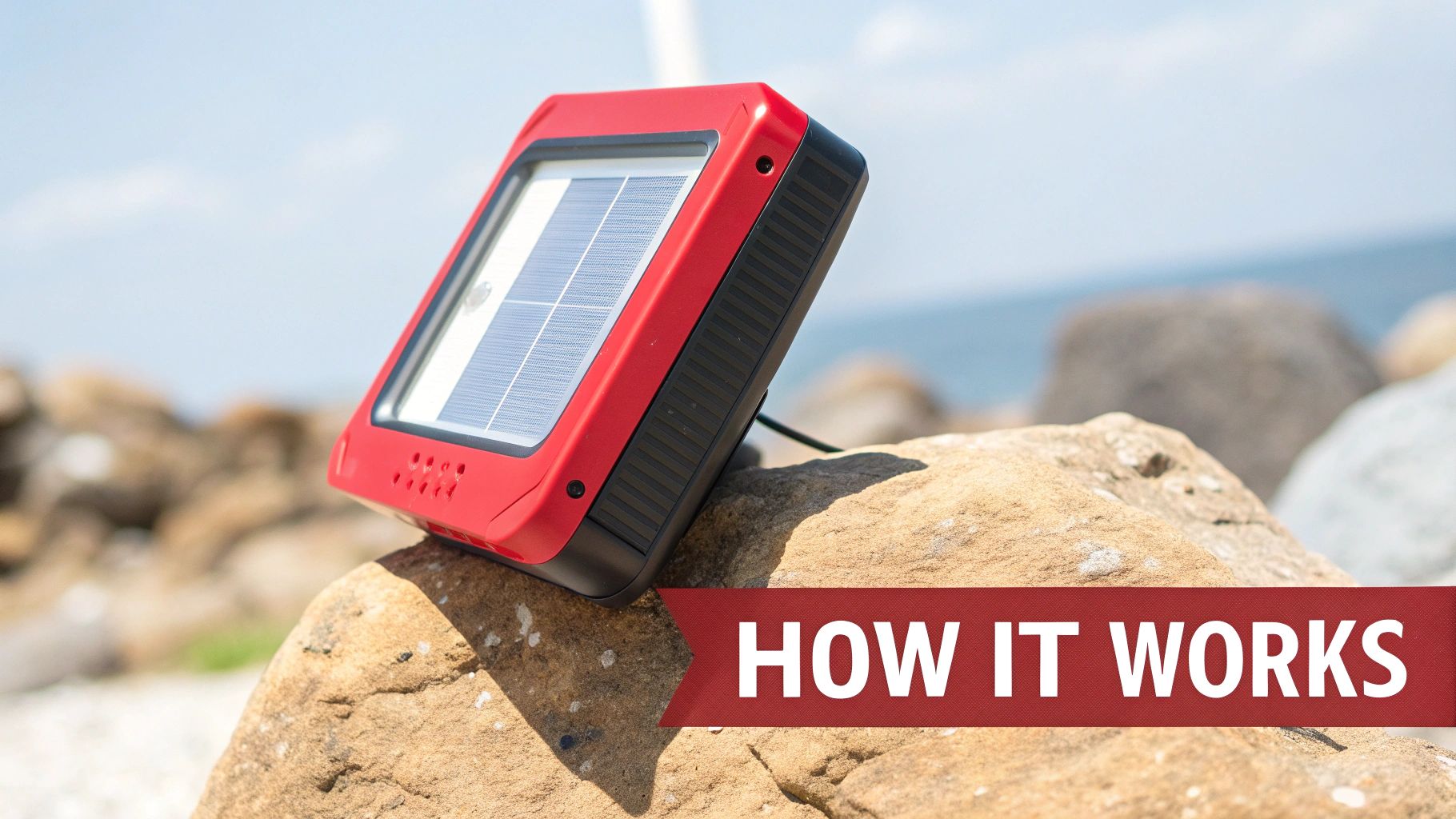 A red and black portable solar power light sitting on a rock under a clear sky.