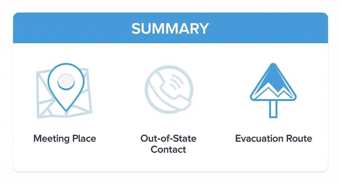 Emergency preparedness summary showing meeting place location, out-of-state contact, and evacuation route icons