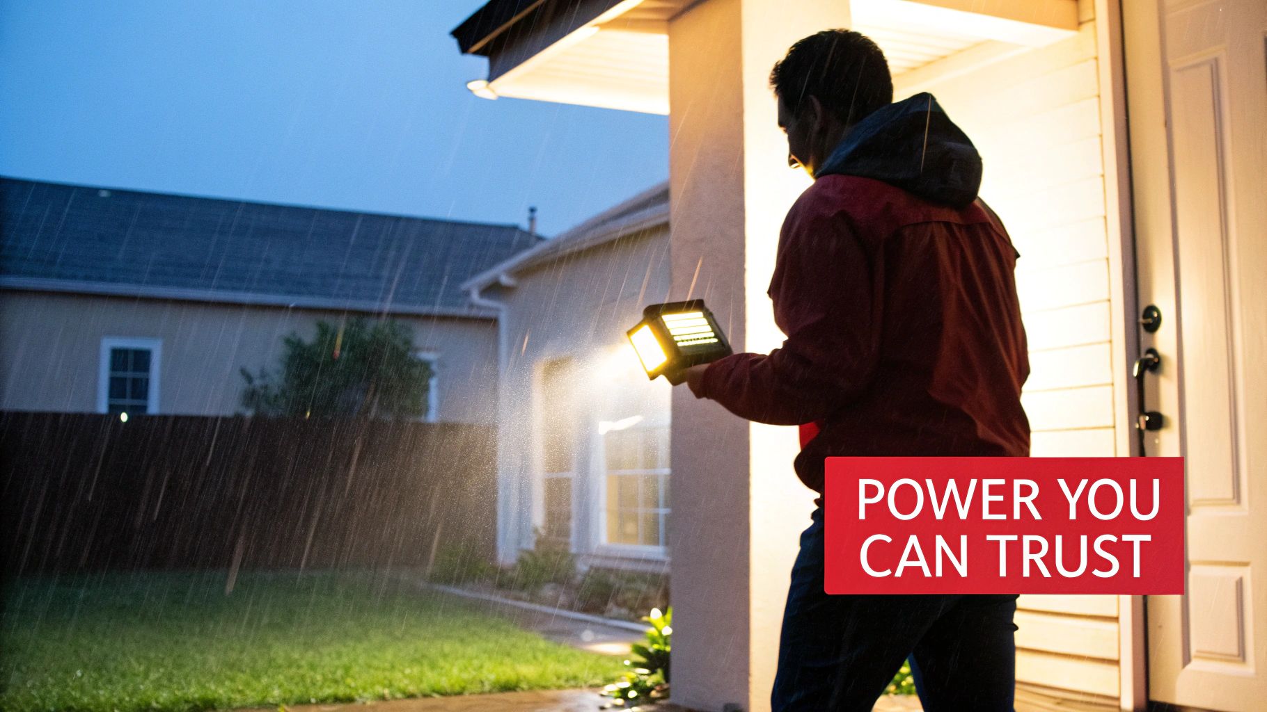 A man holding a powerful solar emergency light in the rain outside his house.
