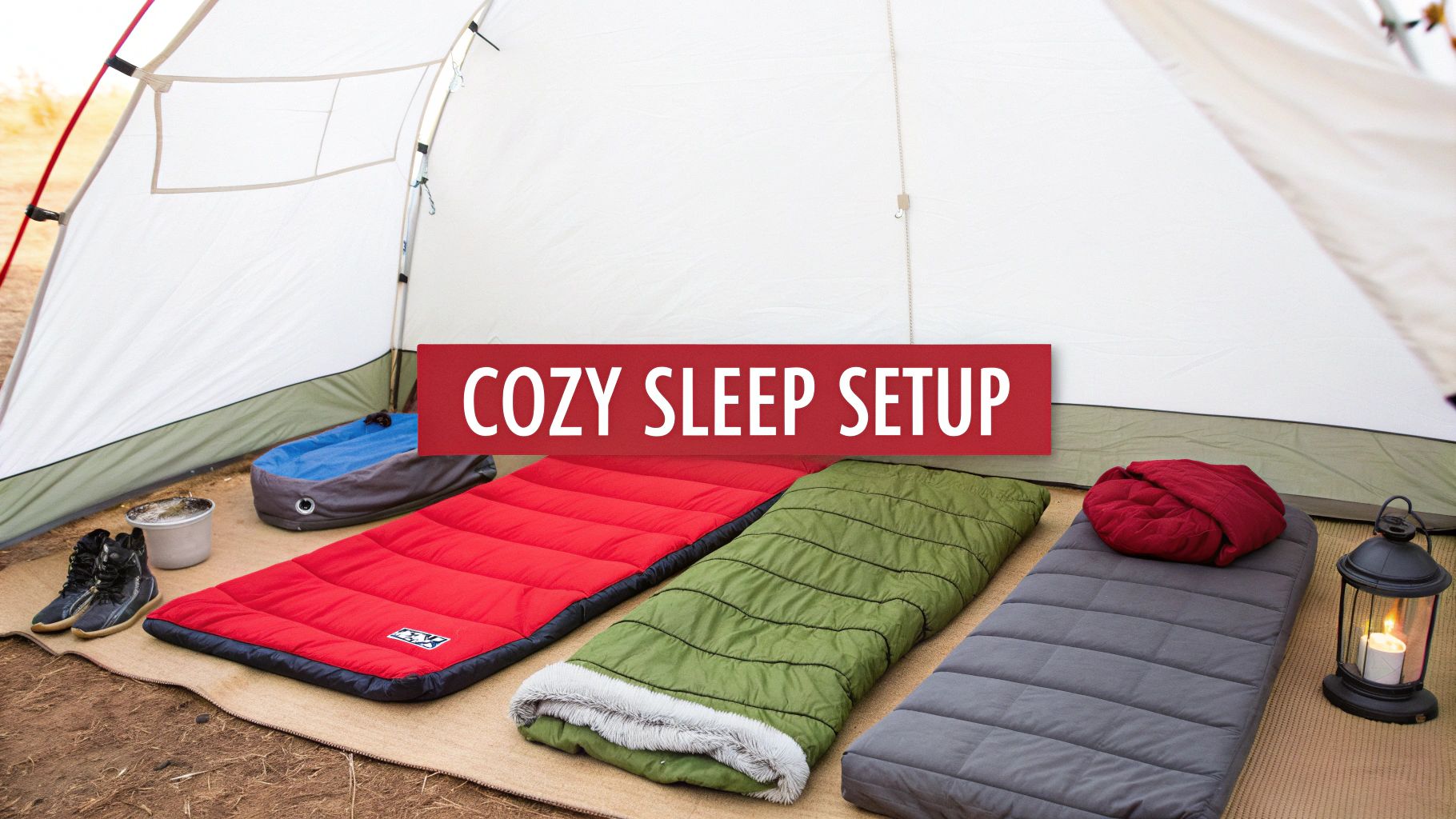 Inside a camping tent with three sleeping pads, a lantern, boots, and a cozy sleeping setup.