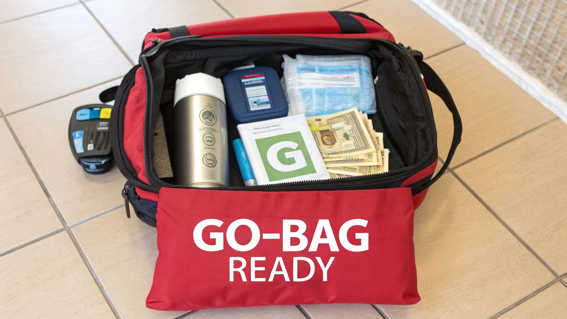 A red emergency go-bag, open and ready, filled with essential items like cash, water, and medical supplies.