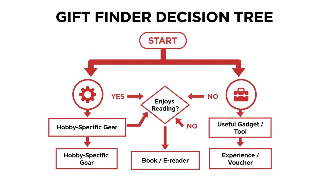 A 'Gift Finder Decision Tree' flowchart helps choose a gift based on hobbies and reading preferences.