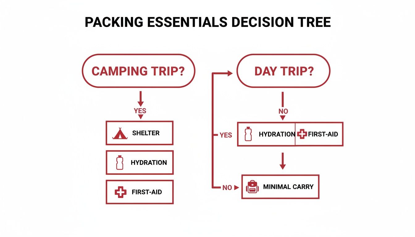 Decision tree for packing essentials, guiding items for camping, day trips, or minimal carry.