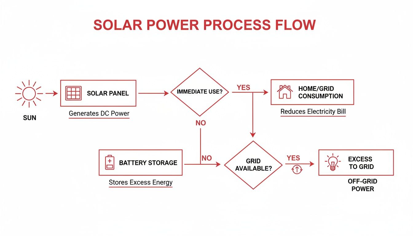Flowchart illustrating the solar power process from sun to consumption, battery storage, and grid export.
