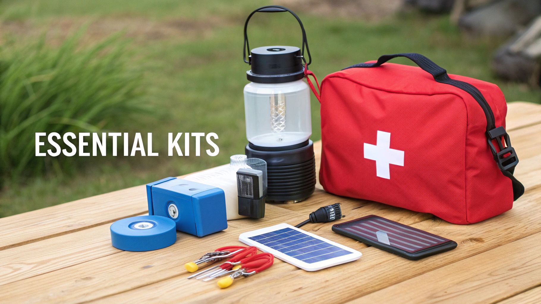 A collection of essential kits including a red first aid bag, lantern, and solar charger on a wooden table outdoors.