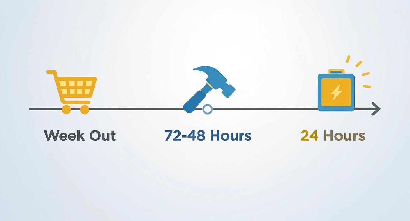 Timeline illustrating hurricane preparedness stages: Week Out (shopping cart), 72-48 Hours (hammer), and 24 Hours (power source).