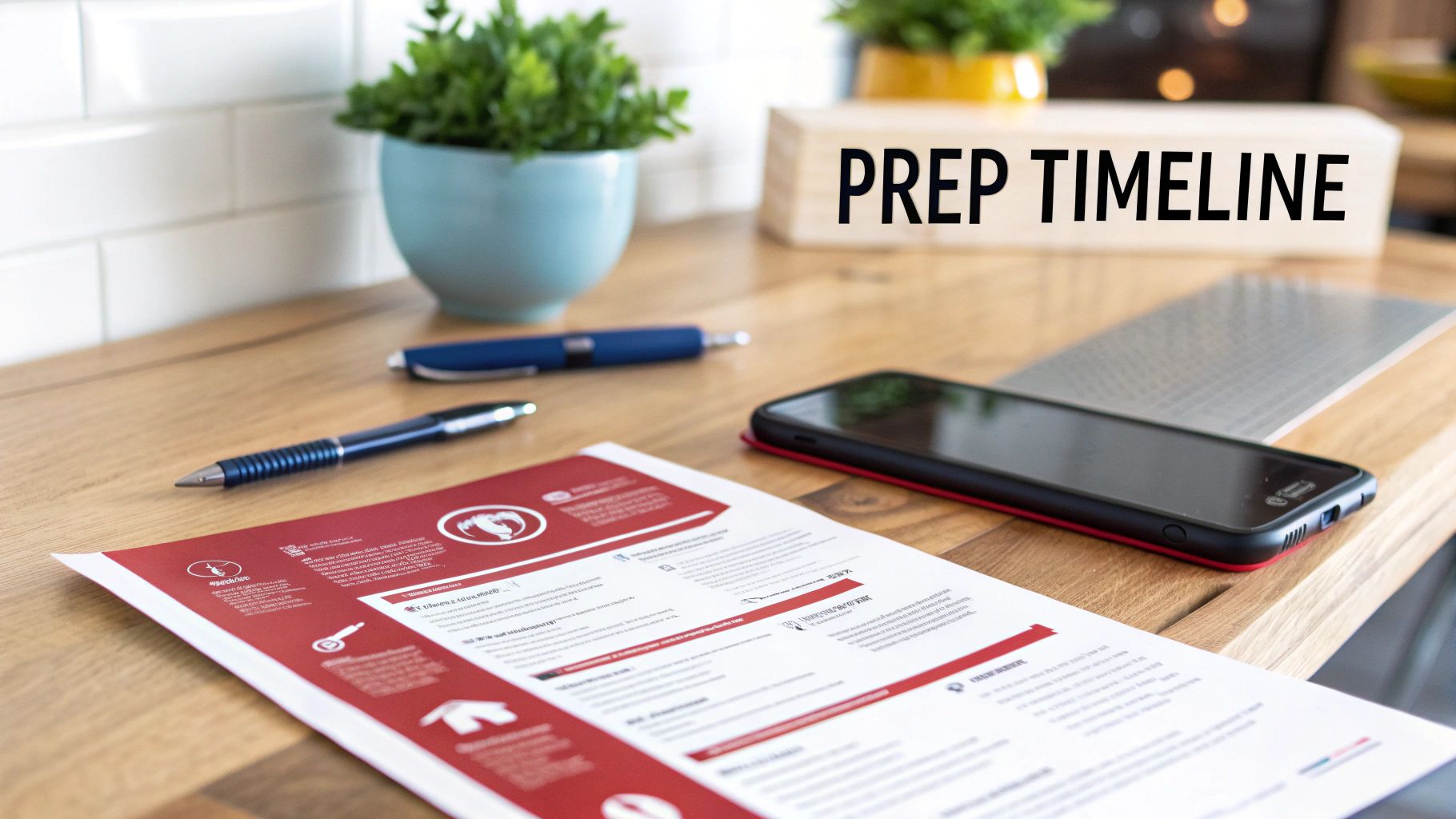 A desk with a 'PREP TIMELINE' sign, a red document, two pens, a smartphone, and plants.