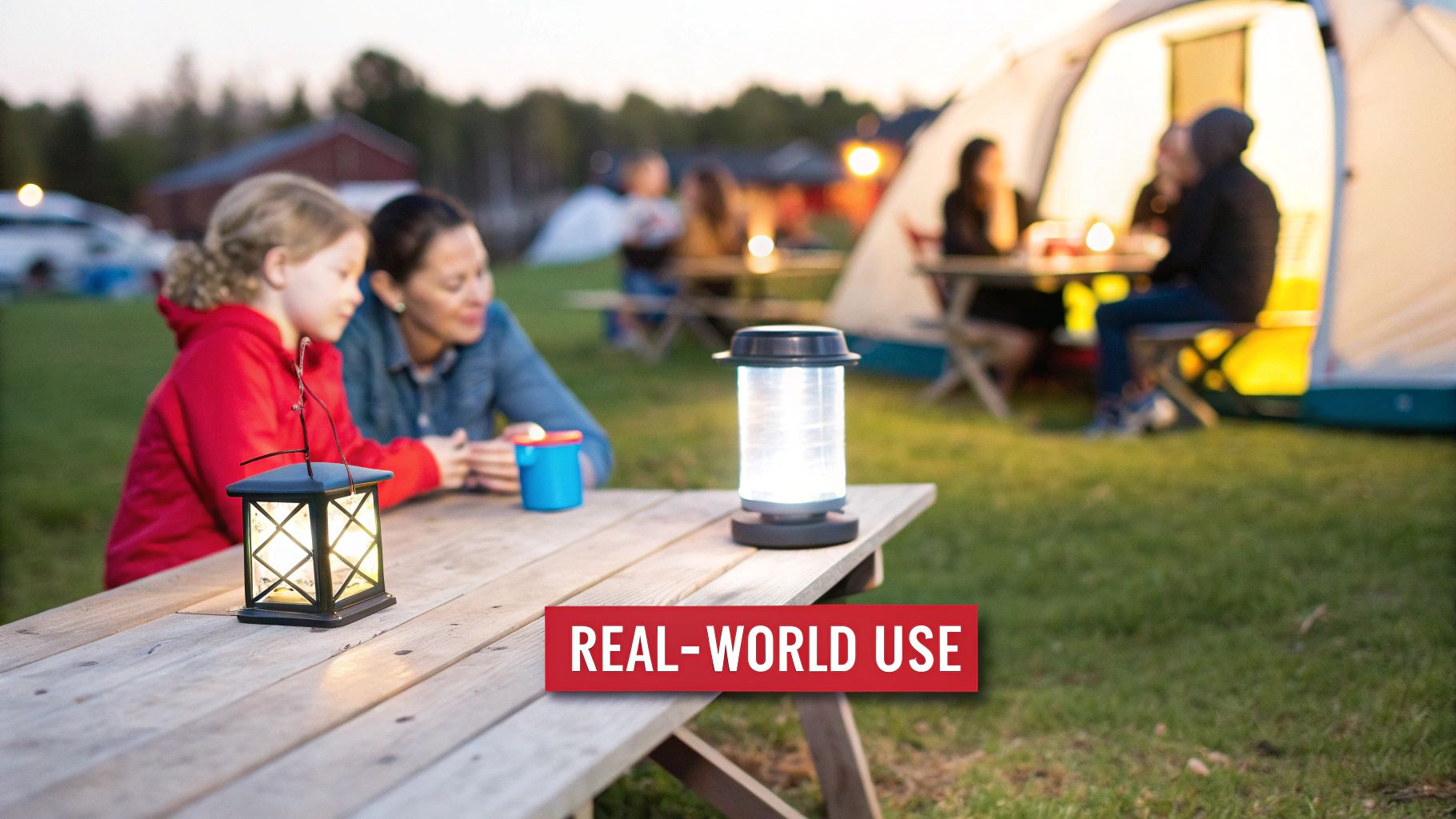 Family enjoying a campsite at dusk with two portable solar lanterns on a wooden picnic table.