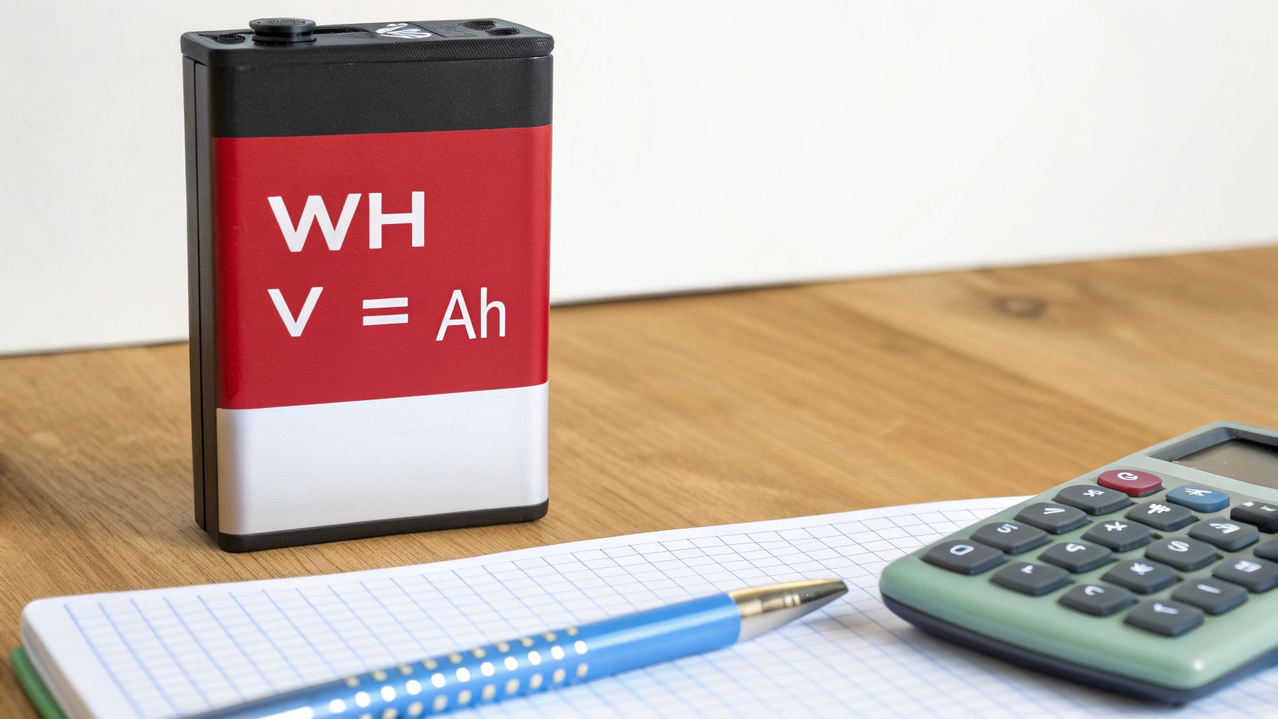 A red and black battery showing the formula WH / V = Ah, next to a calculator and notebook on a wooden desk.