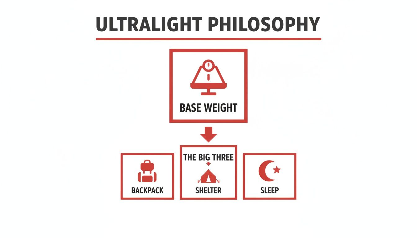 A diagram illustrating the ultralight philosophy, showing base weight leading to the big three: backpack, shelter, and sleep system.