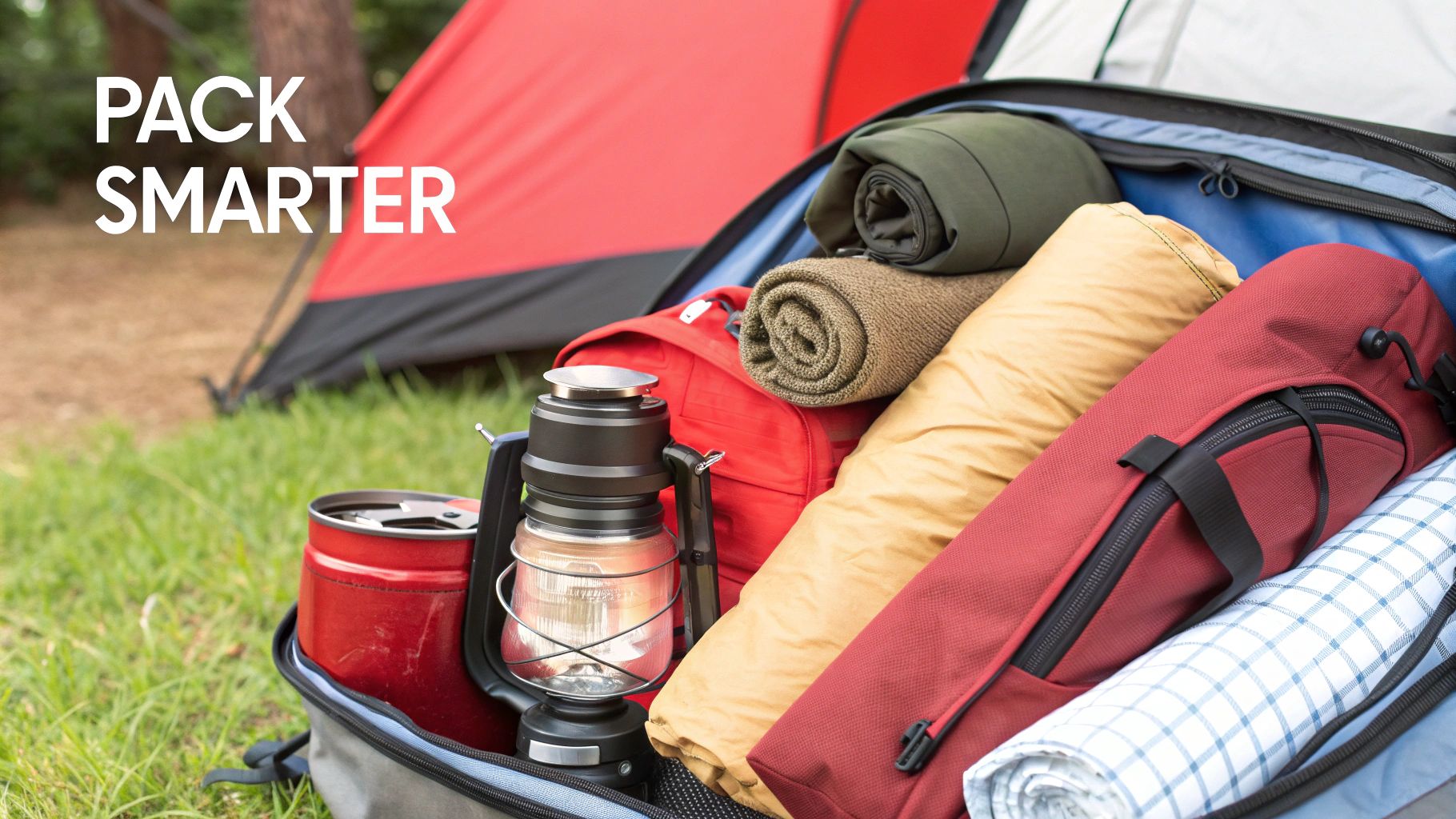 An open camping bag filled with neatly packed gear, including a lantern, pot, and rolled blankets, with a tent in the background.
