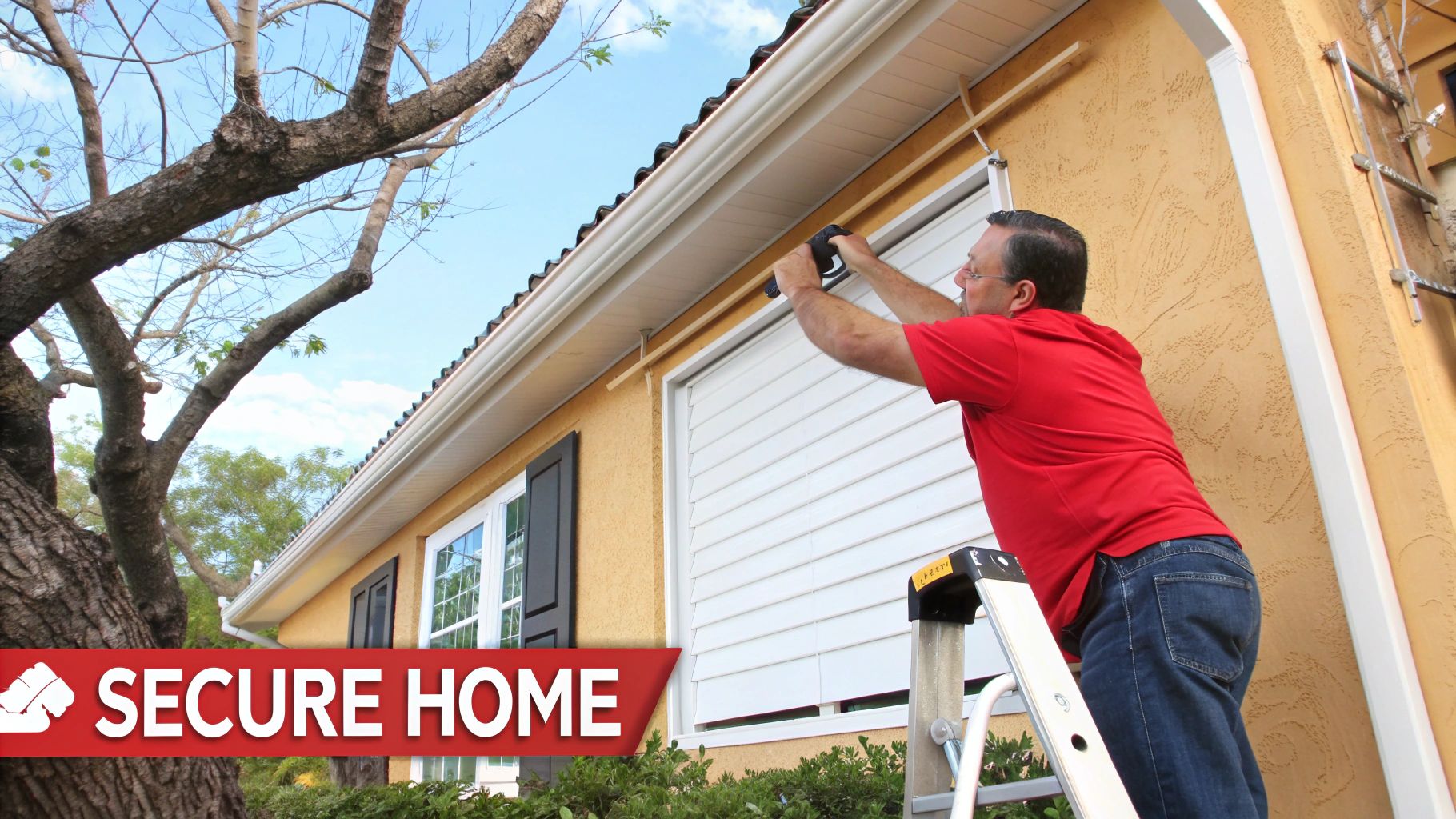 Man on a ladder installing a white hurricane shutter on a yellow house for storm protection.