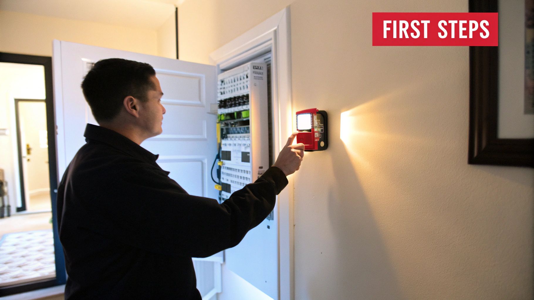 A man uses a red flashlight to inspect an open electrical panel or network cabinet.