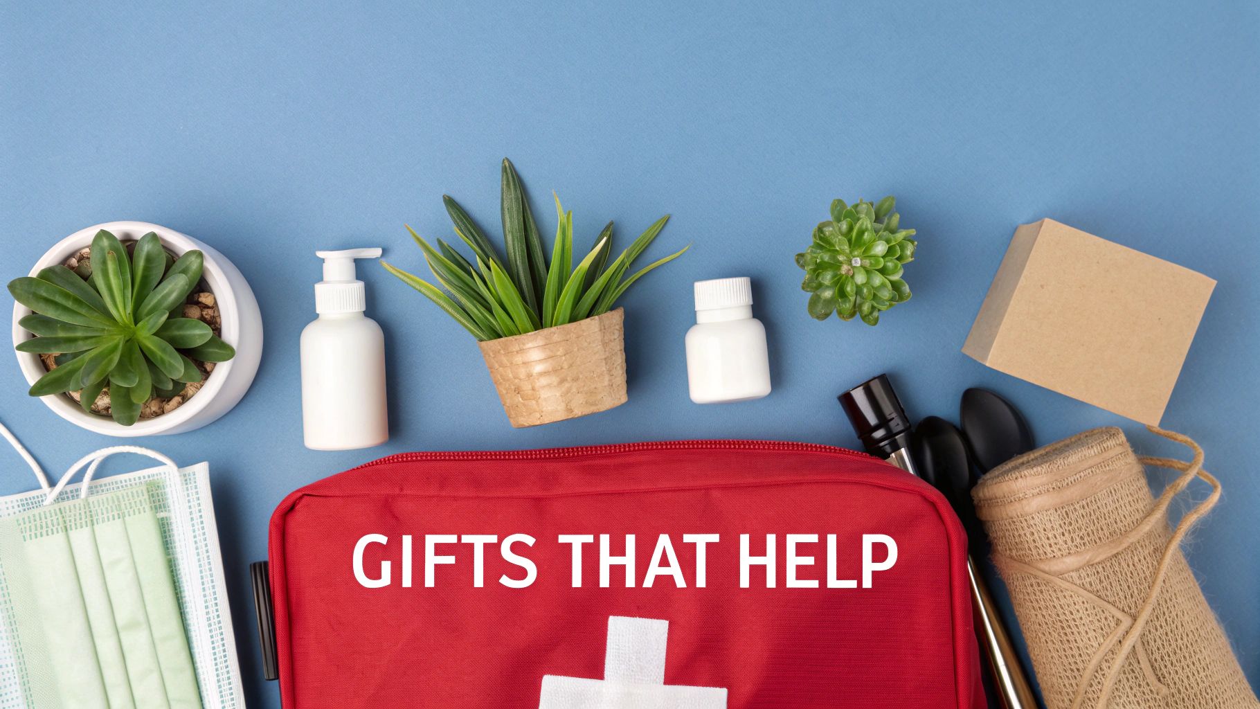 Red first aid kit with wellness products and plants on blue background promoting helpful gifts