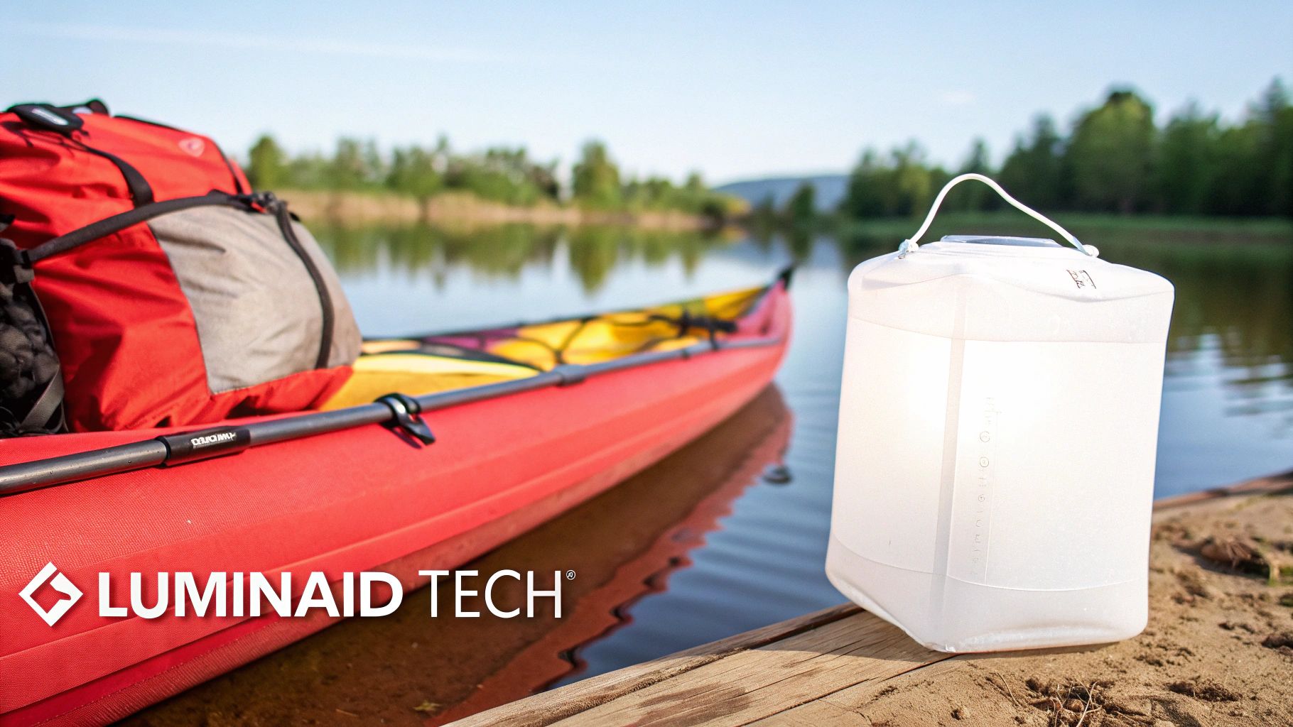 A white LuminAID solar lantern sits on a wooden plank next to a red kayak by a lake.