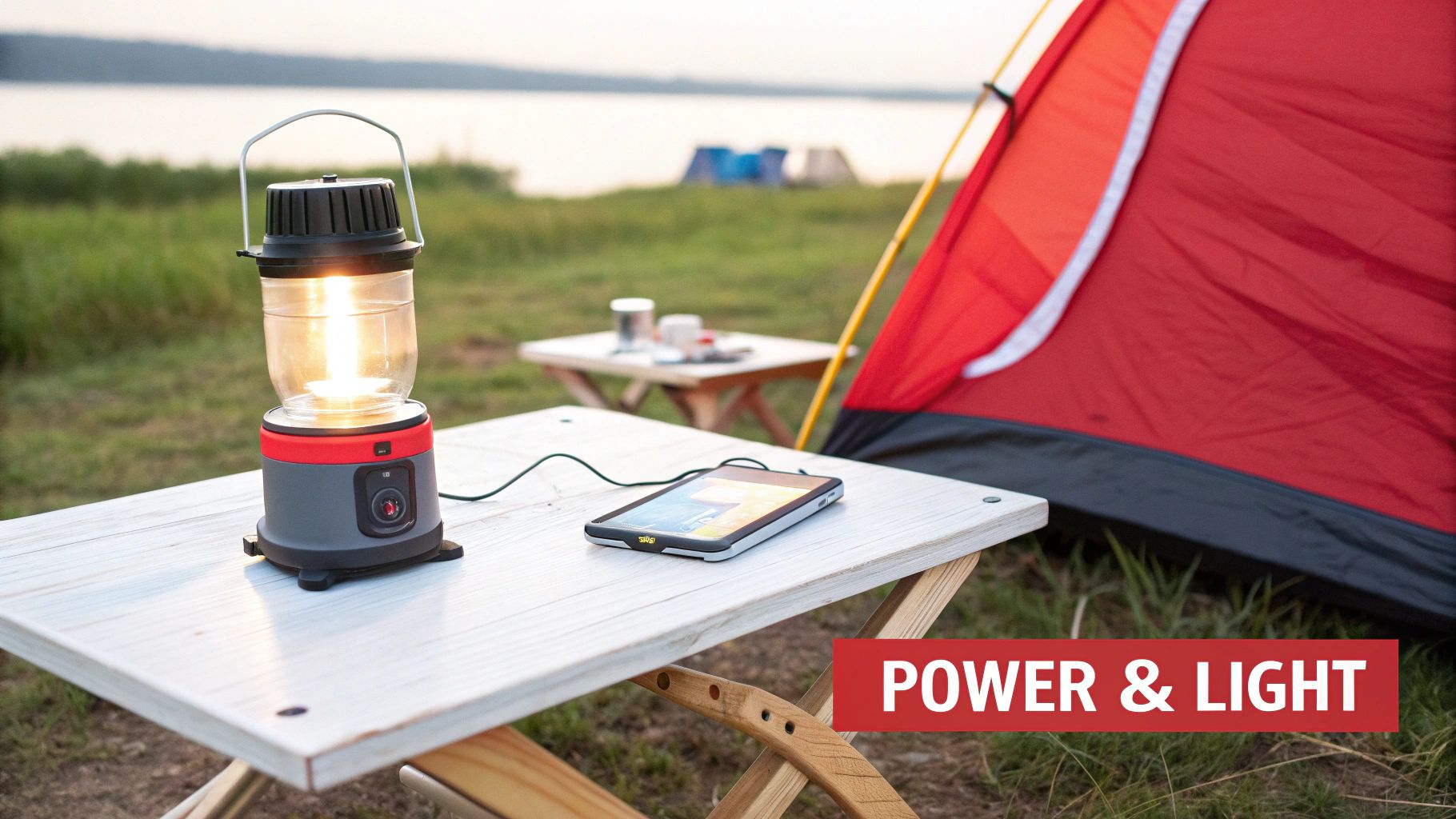 A glowing camping lantern on a wooden table, charging a smartphone, with a red tent and lake in the background.
