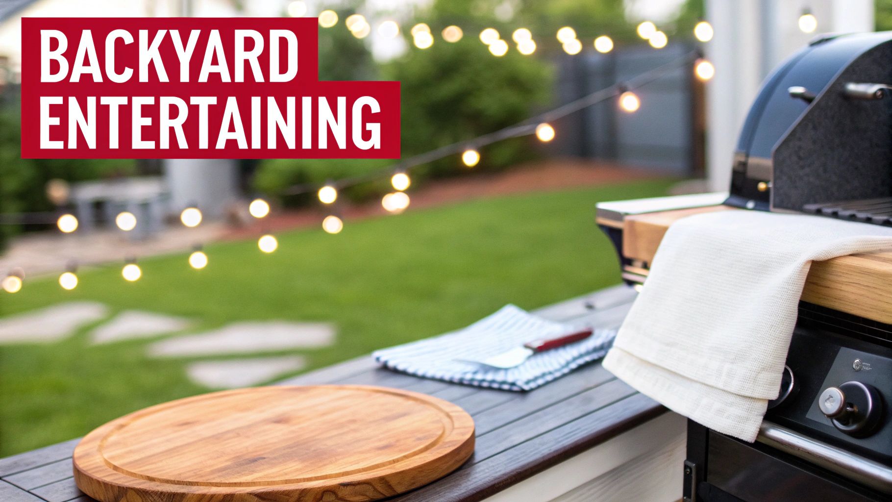 A backyard setting with a grill, wooden cutting board, and string lights, perfect for outdoor entertaining.