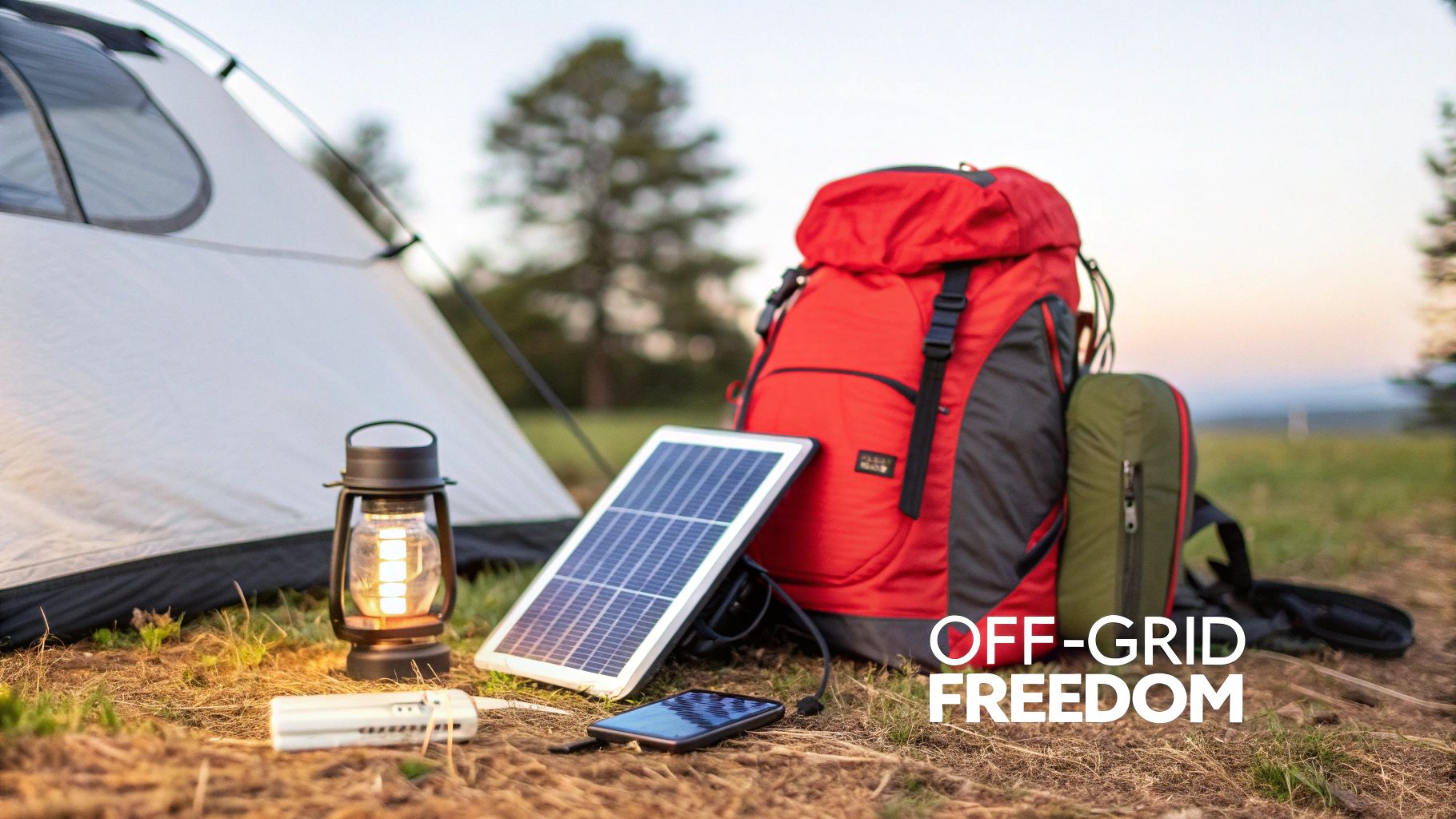 Camping gear with a tent, red backpack, solar panel charging a phone, and a lit lantern.
