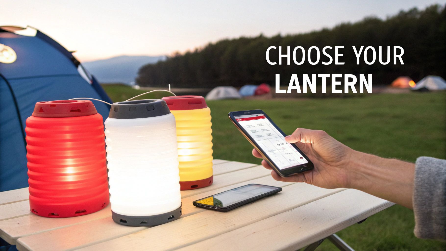 A hand interacts with a smartphone next to three glowing camping lanterns on a wooden table at a campsite.